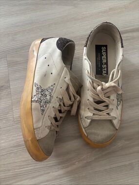 Golden Goose Cream Sneakers with Silver Glitter Star